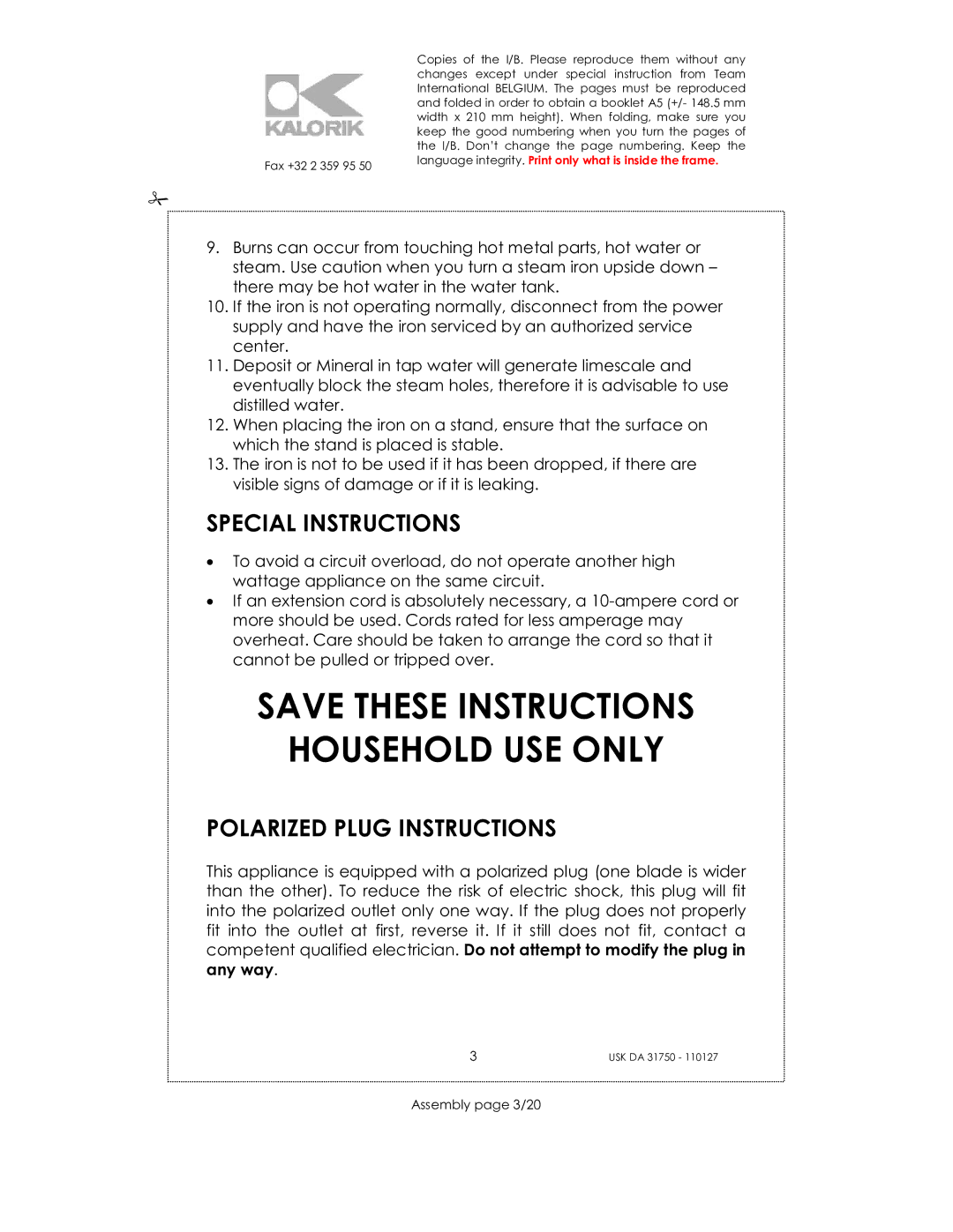 Kalorik USK DA 31750 manual Household USE only, Special Instructions, Polarized Plug Instructions, Assembly page 3/20 