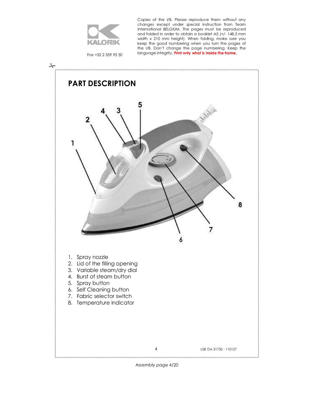 Kalorik USK DA 31750 manual Part Description, Assembly page 4/20 