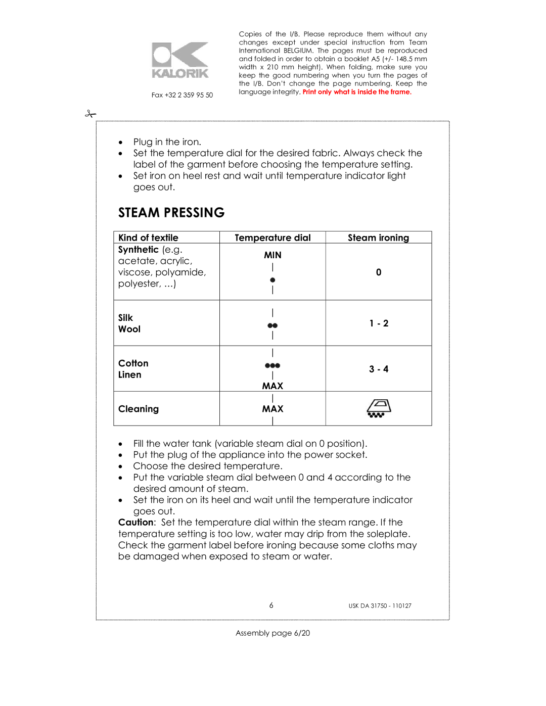 Kalorik USK DA 31750 manual Steam Pressing, Min 