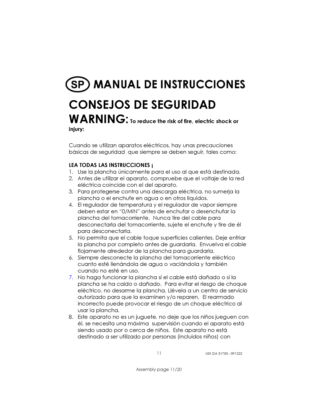 Kalorik USK DA 31750 manual Consejos DE Seguridad 