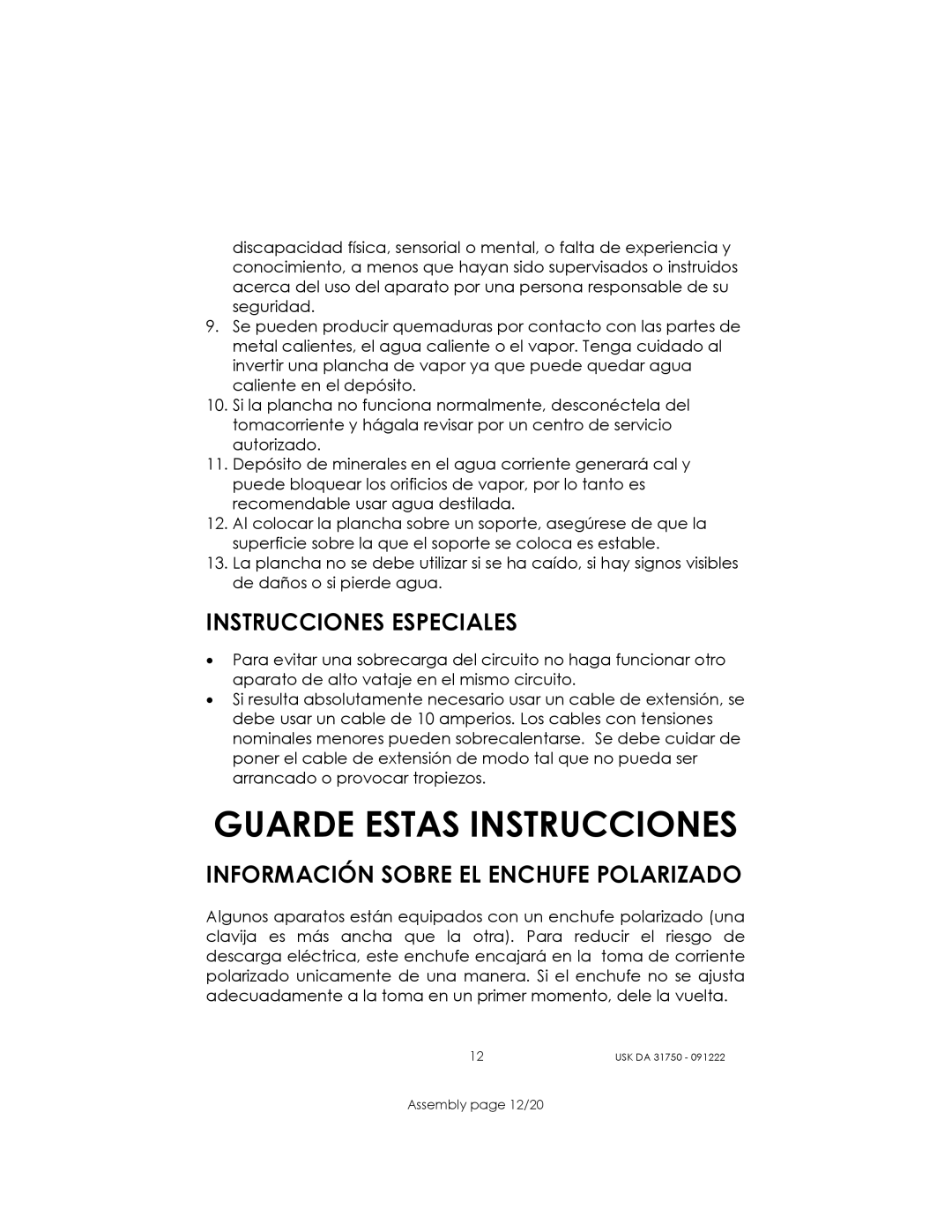 Kalorik USK DA 31750 manual Instrucciones Especiales, Información Sobre EL Enchufe Polarizado 