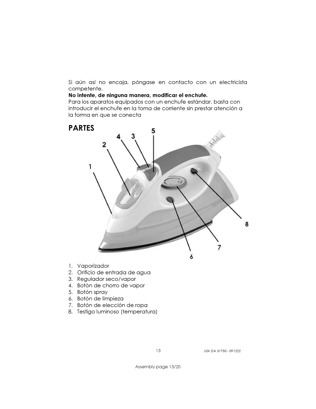 Kalorik USK DA 31750 manual Partes 