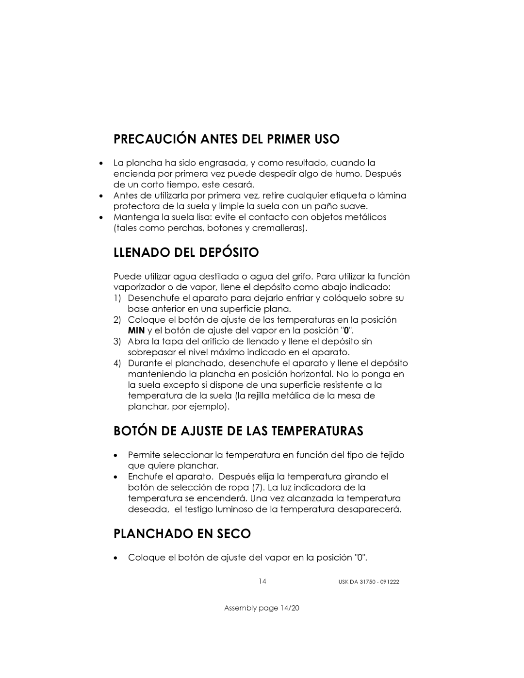 Kalorik USK DA 31750 manual Precaución Antes DEL Primer USO, Llenado DEL Depósito, Botón DE Ajuste DE LAS Temperaturas 