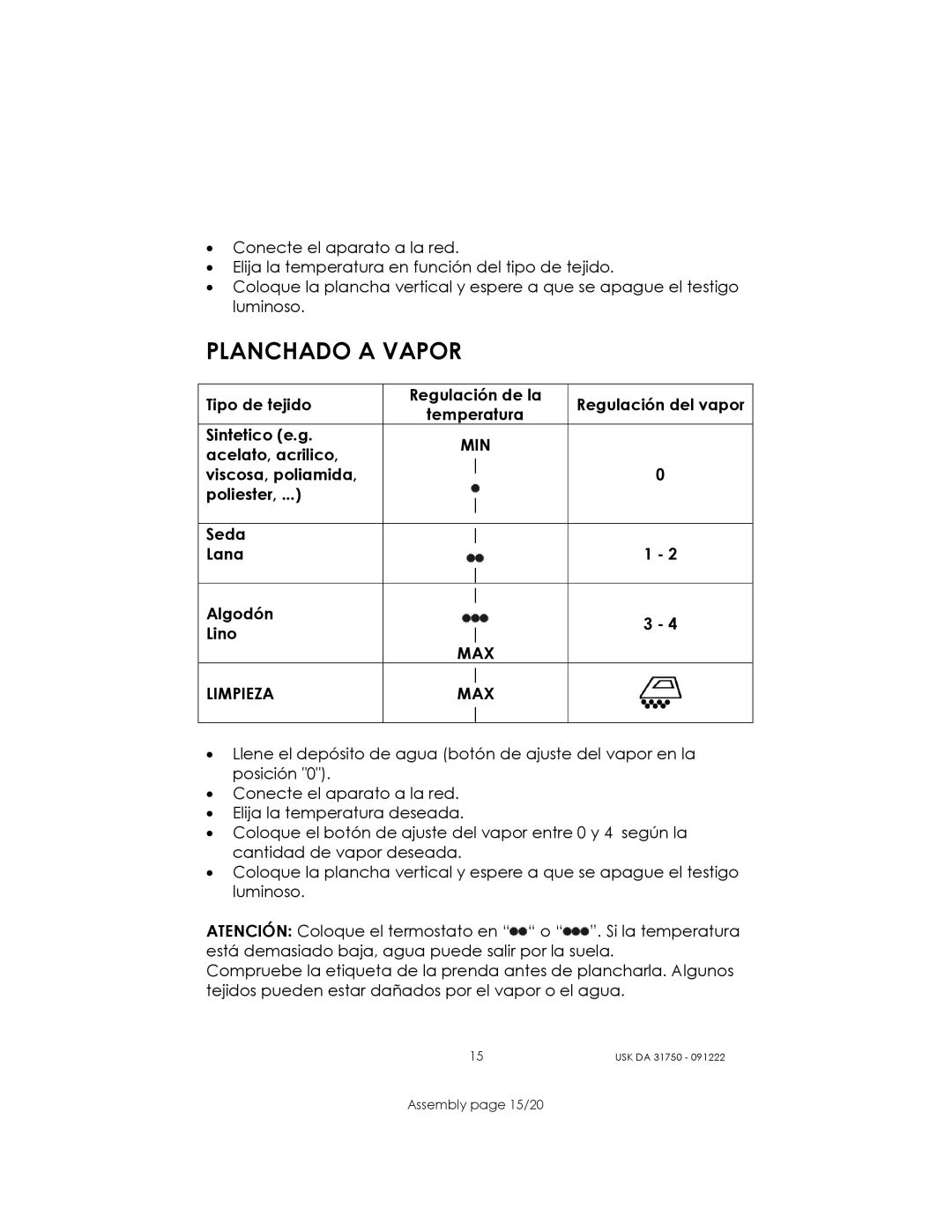 Kalorik USK DA 31750 manual Planchado a Vapor, MAX Limpieza 