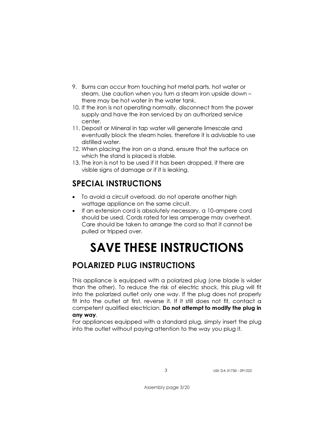 Kalorik USK DA 31750 manual Special Instructions, Polarized Plug Instructions 