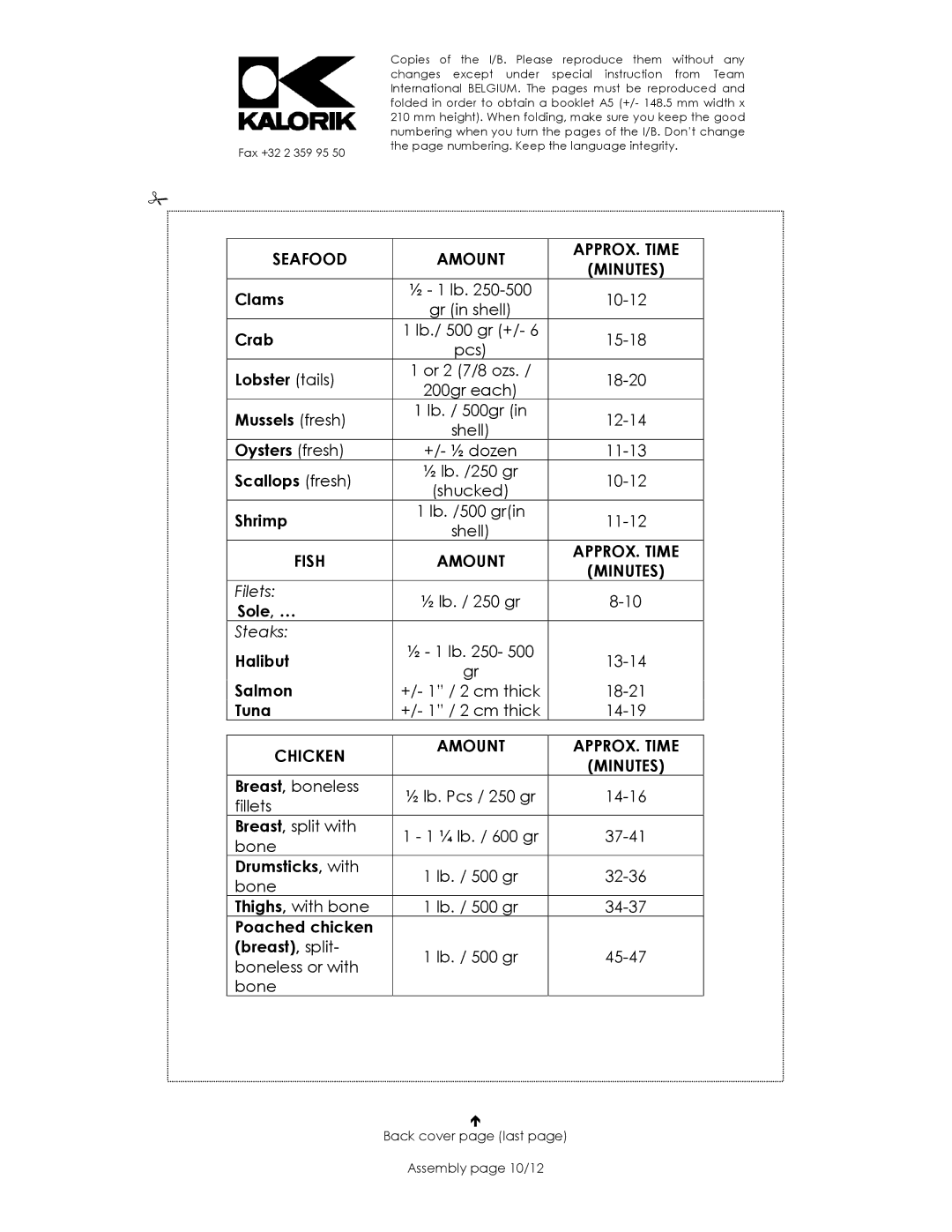 Kalorik USK DG 16271 manual Seafood Amount, Fish Amount, Chicken Amount, Back cover page last Assembly page 10/12 