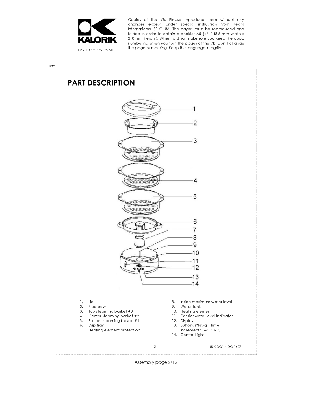 Kalorik USK DG 16271 manual Part Description, Assembly page 2/12 