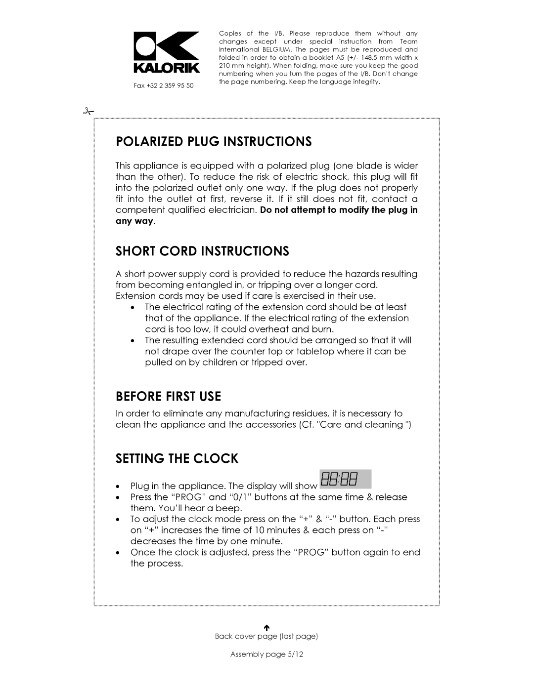 Kalorik USK DG 16271 manual Polarized Plug Instructions, Short Cord Instructions, Before First USE, Setting the Clock 