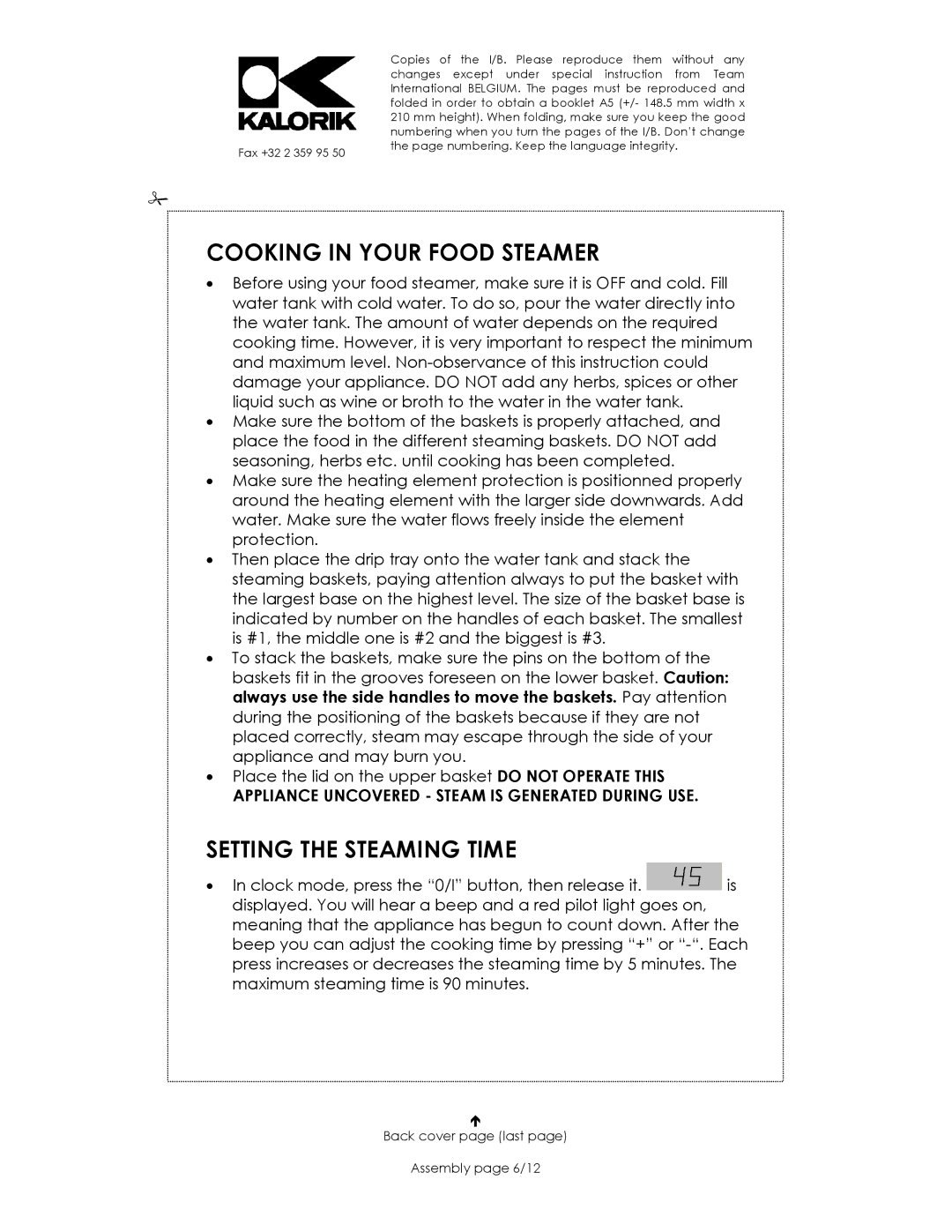 Kalorik USK DG 16271 Cooking in Your Food Steamer, Setting the Steaming Time, Back cover page last Assembly page 6/12 