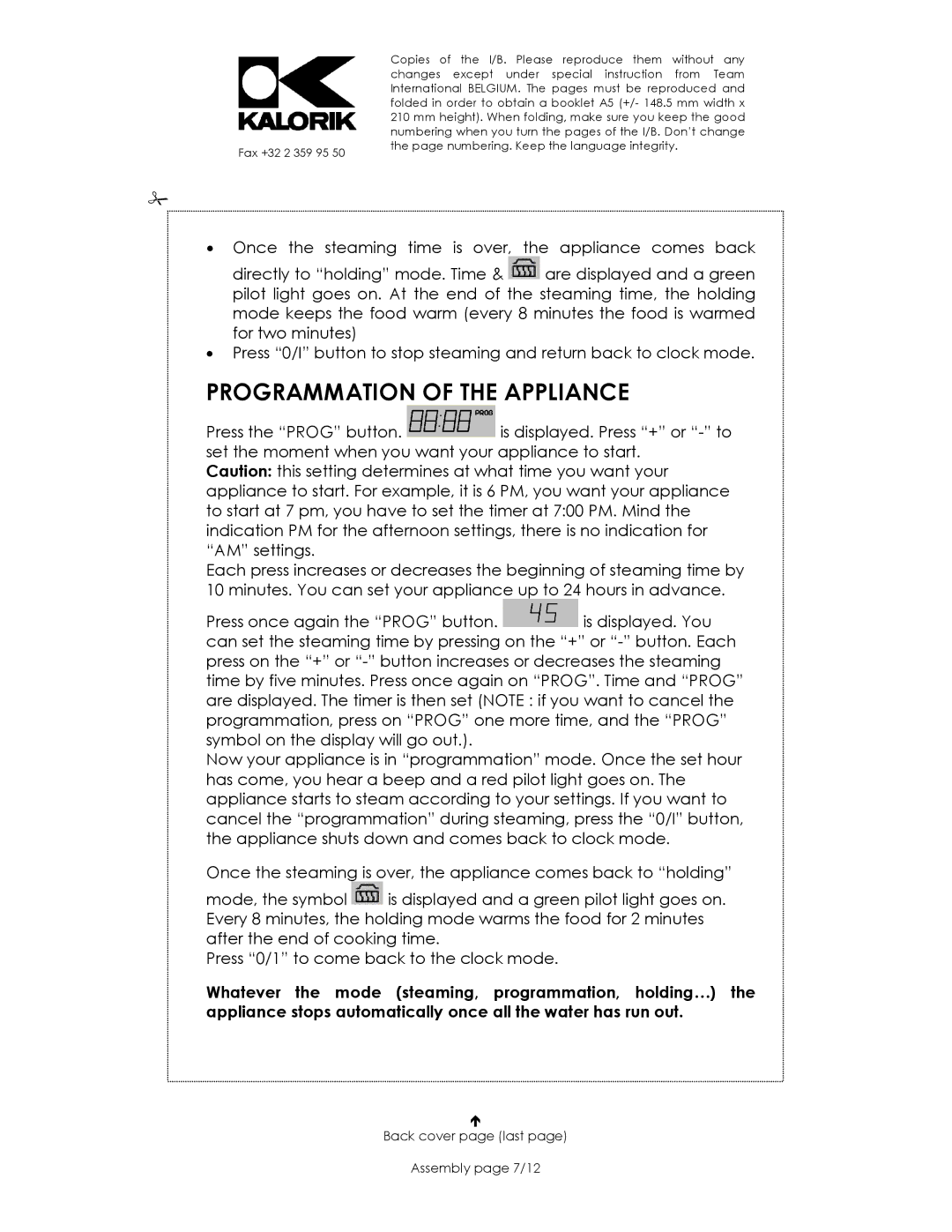 Kalorik USK DG 16271 manual Programmation of the Appliance, Back cover page last Assembly page 7/12 