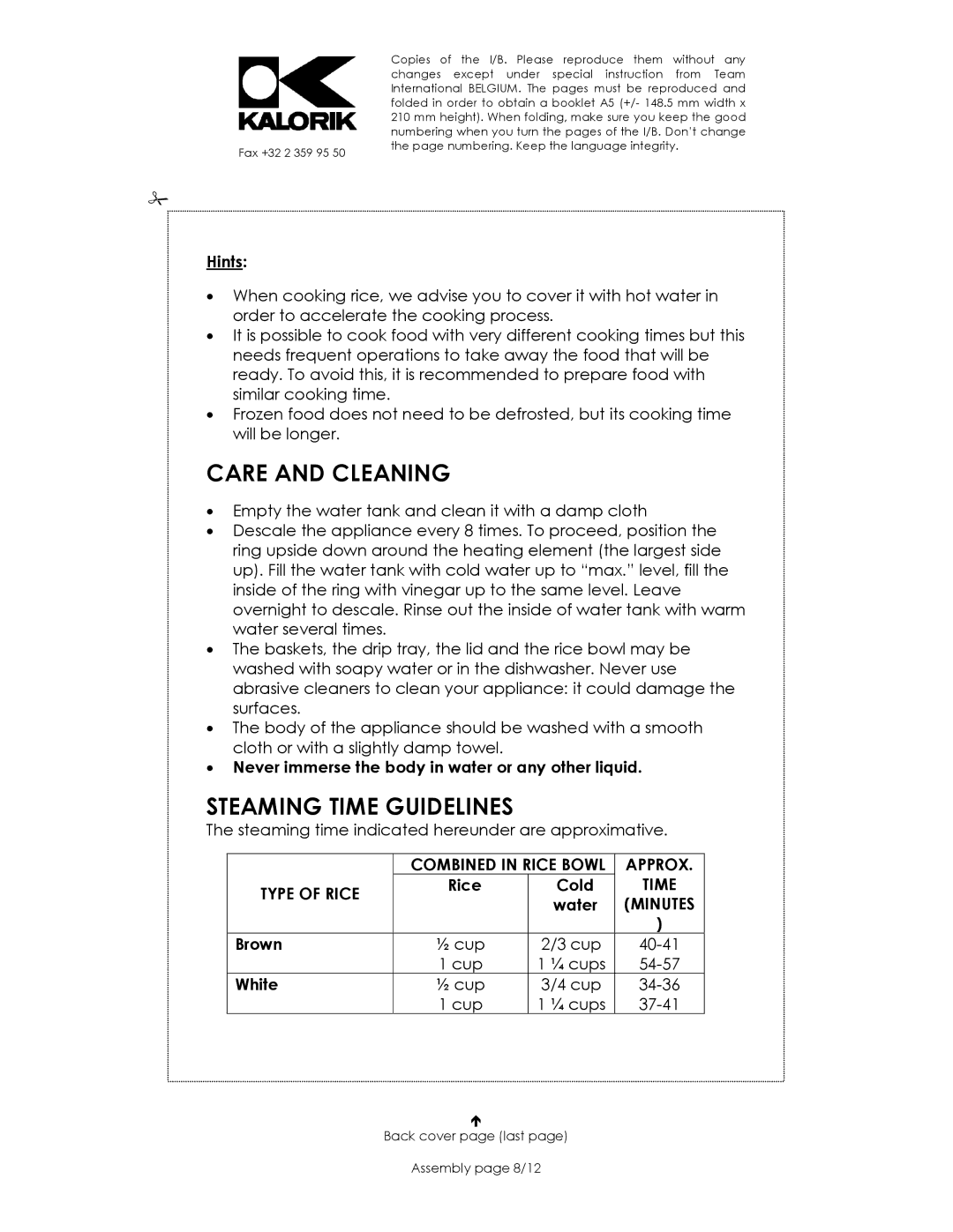 Kalorik USK DG 16271 manual Care and Cleaning, Steaming Time Guidelines 