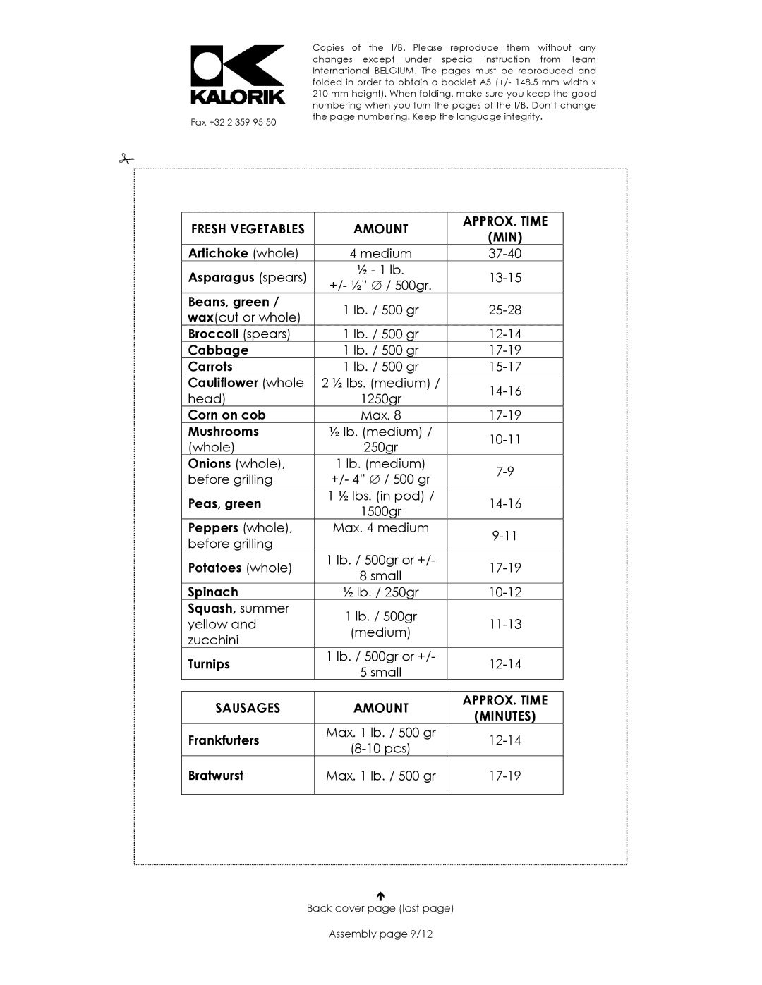 Kalorik USK DG 16271 manual Fresh Vegetables Amount APPROX. Time MIN, Sausages Amount APPROX. Time Minutes 