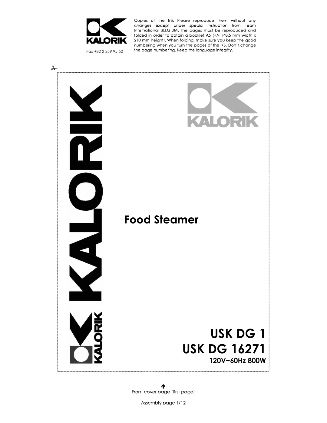 Kalorik USK DG 1 manual Usk Dg Usk Dg, Food Steamer, 120V~60Hz 800W, Front cover page first page Assembly page 1/12 