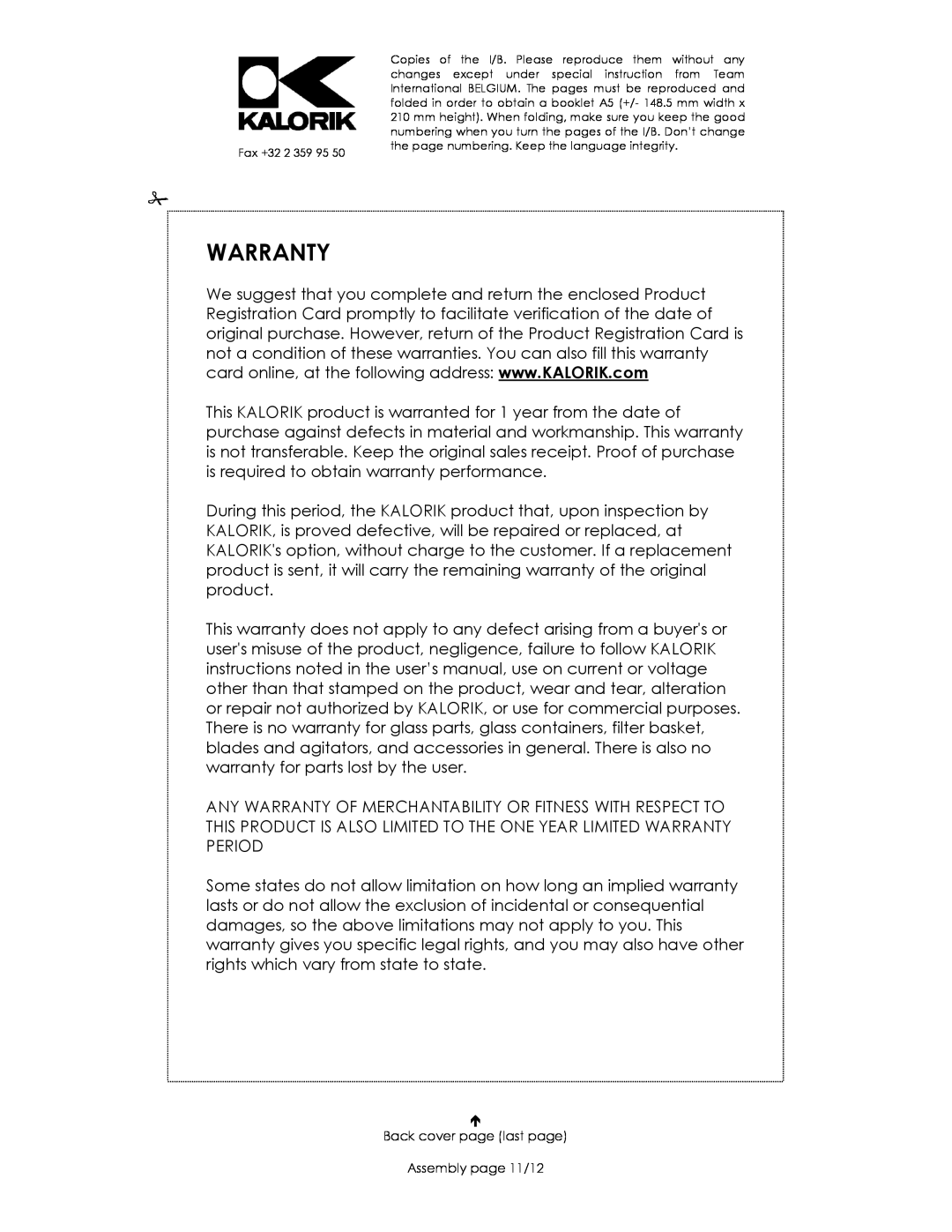 Kalorik USK DG 16271 manual Warranty, Back cover page last page Assembly page 11/12 
