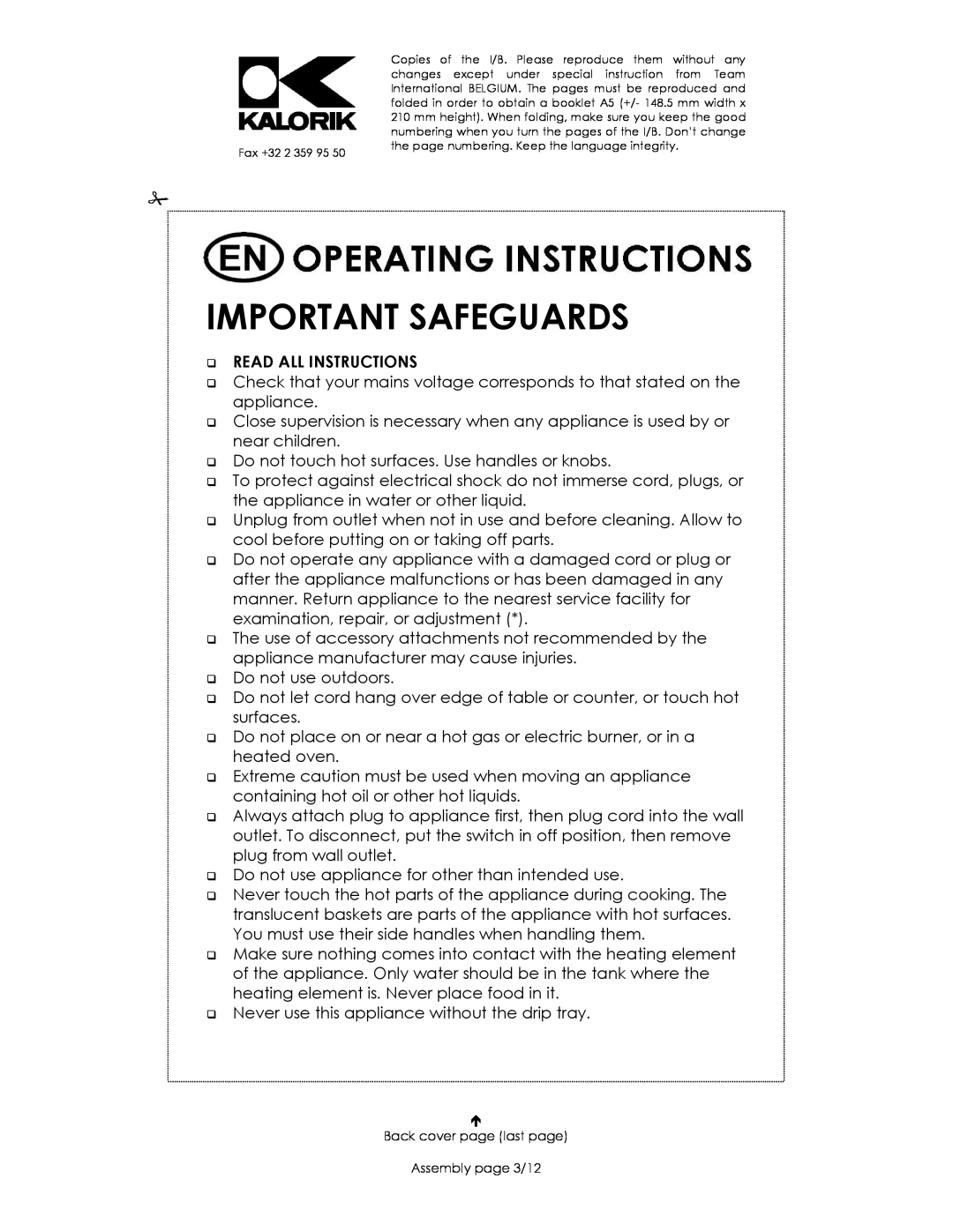 Kalorik USK DG 16271 manual Important Safeguards 