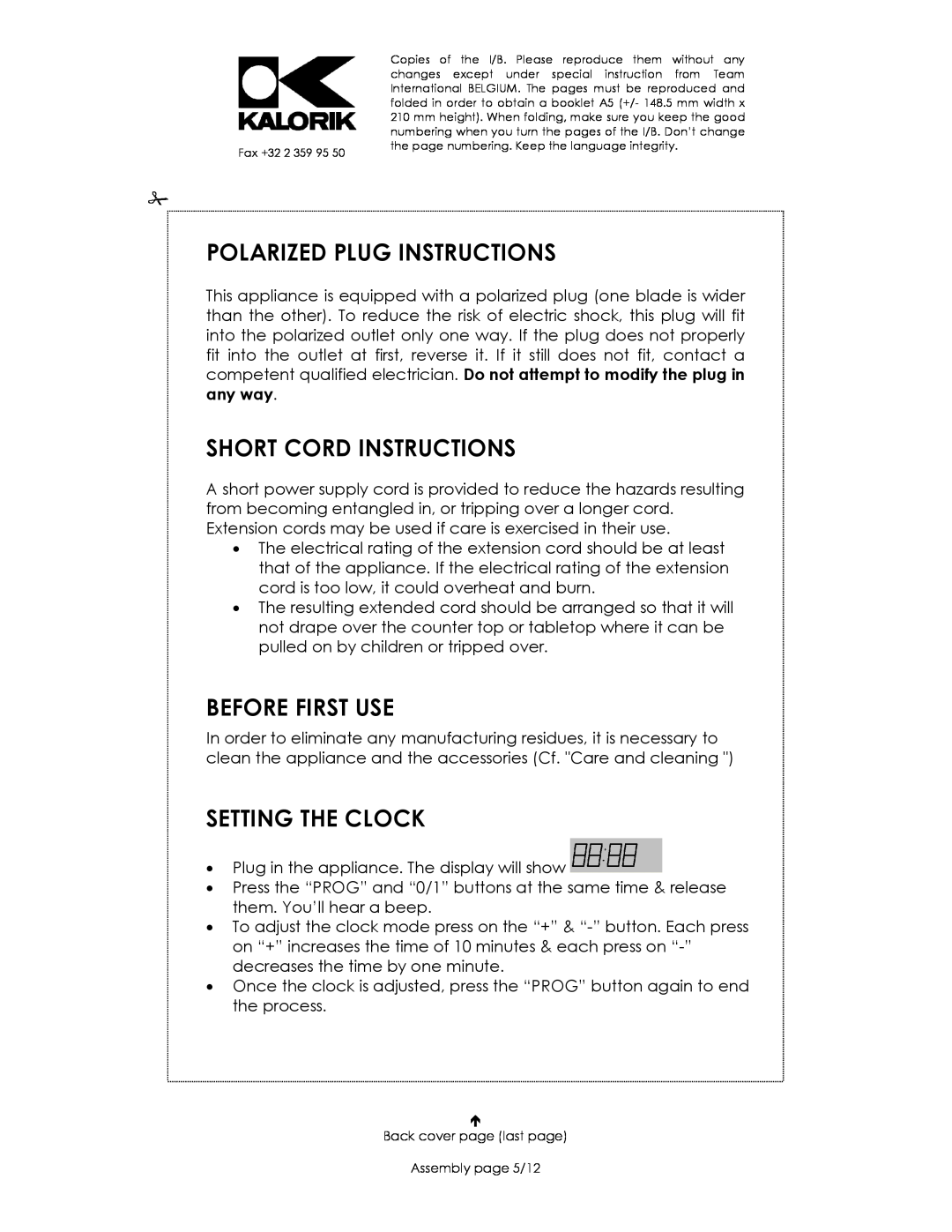 Kalorik USK DG 16271 manual Polarized Plug Instructions, Short Cord Instructions, Before First Use, Setting The Clock 