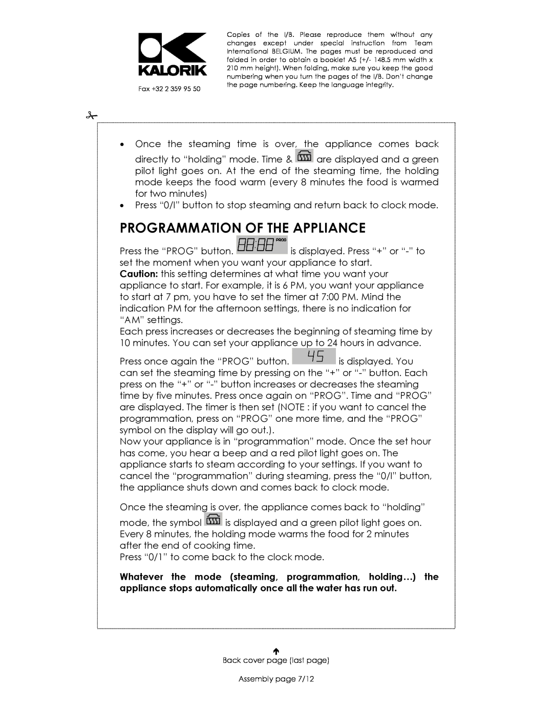 Kalorik USK DG 16271 manual Programmation Of The Appliance 