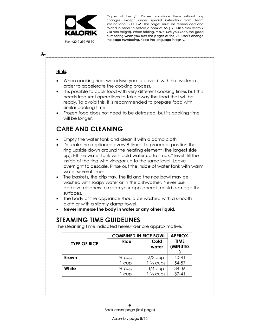 Kalorik USK DG 16271 manual Care And Cleaning, Steaming Time Guidelines, Approx, Minutes, 40-41, 54-57, 34-36, 37-41 