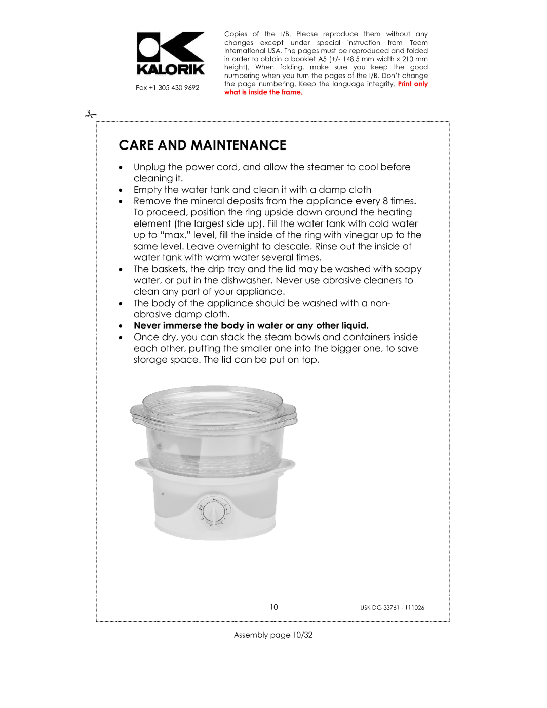 Kalorik USK DG 33761 manual Care and Maintenance, Assembly page 10/32 