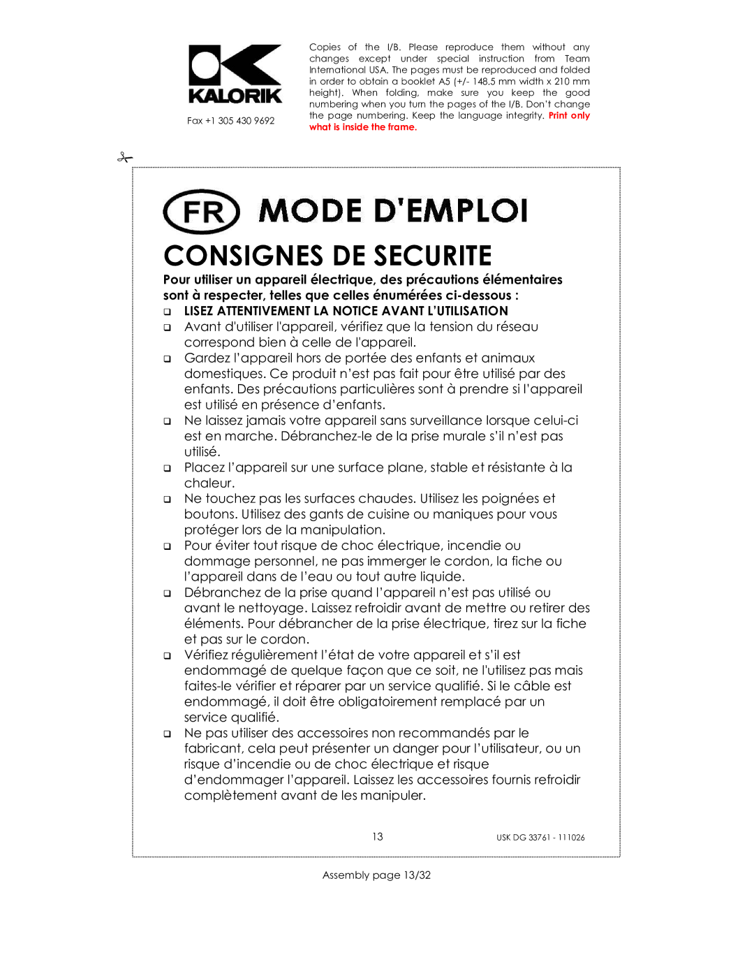 Kalorik USK DG 33761 manual Consignes DE Securite, Pour Votre Sécurité, Lisez Attentivement LA Notice Avant L’UTILISATION 