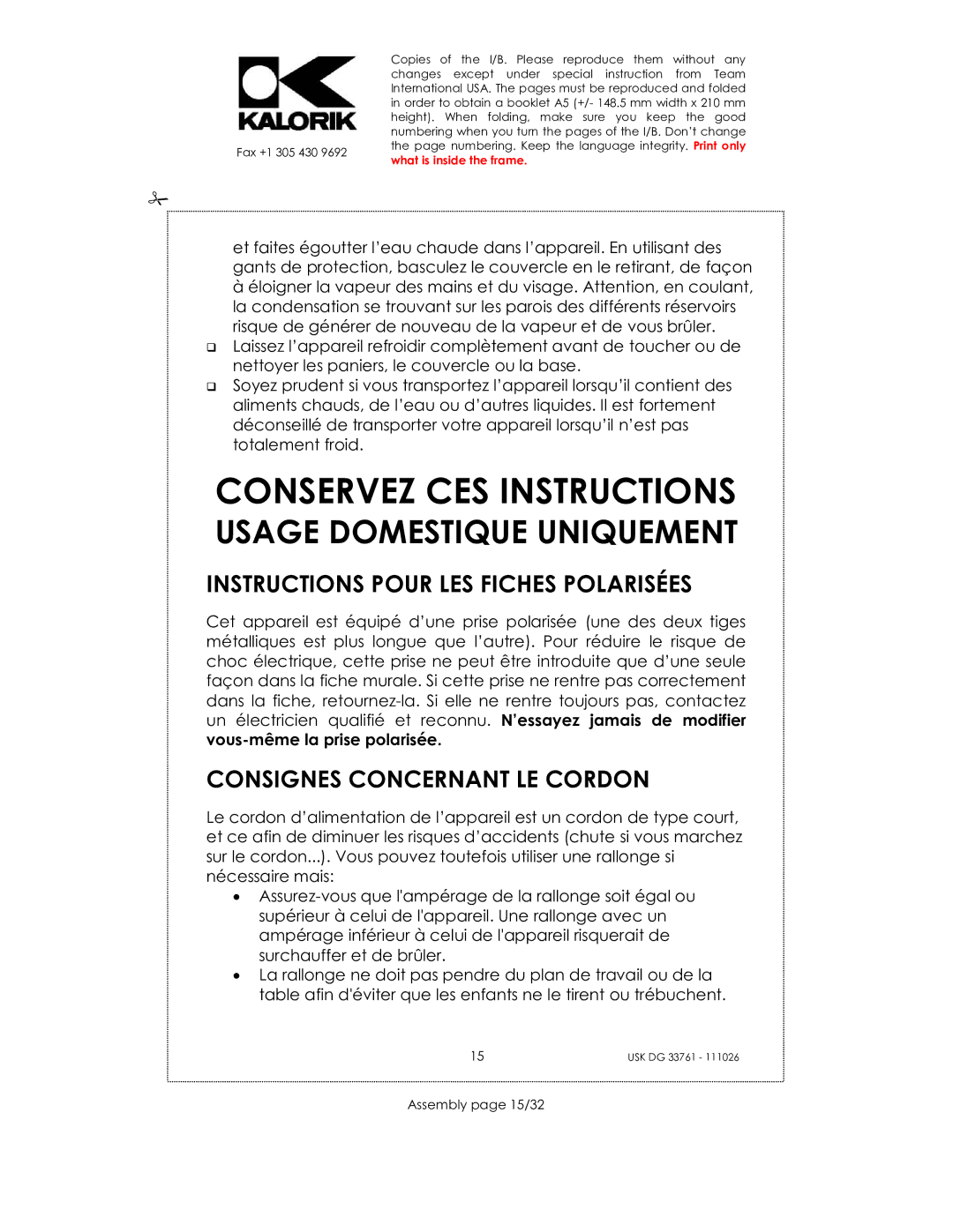 Kalorik USK DG 33761 Conservez CES Instructions, Instructions Pour LES Fiches Polarisées, Consignes Concernant LE Cordon 