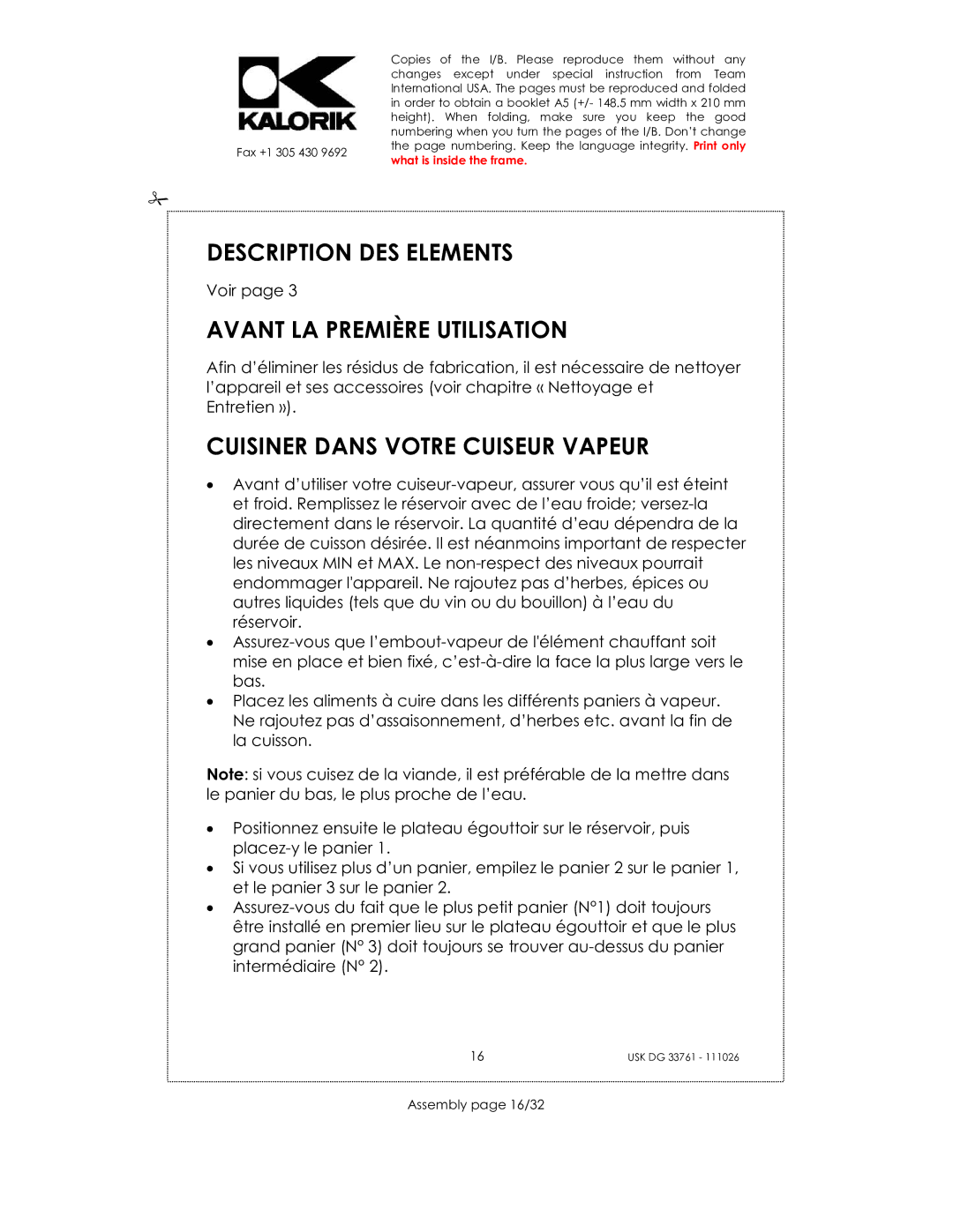 Kalorik USK DG 33761 Description DES Elements, Avant LA Première Utilisation, Cuisiner Dans Votre Cuiseur Vapeur, Voir 