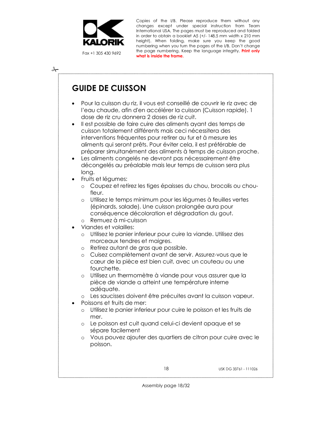 Kalorik USK DG 33761 manual Guide DE Cuisson, Assembly page 18/32 