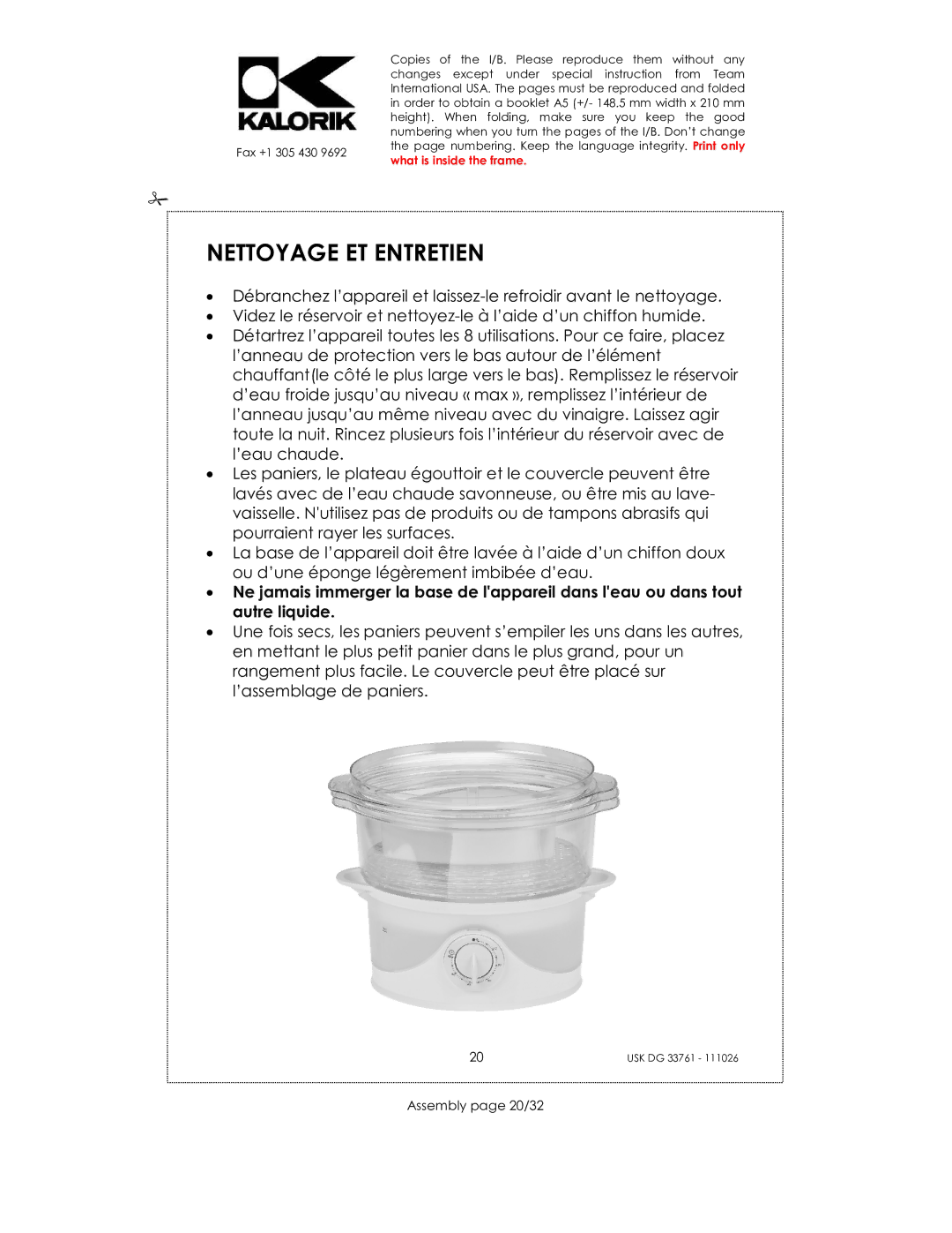 Kalorik USK DG 33761 manual Nettoyage ET Entretien, Assembly page 20/32 