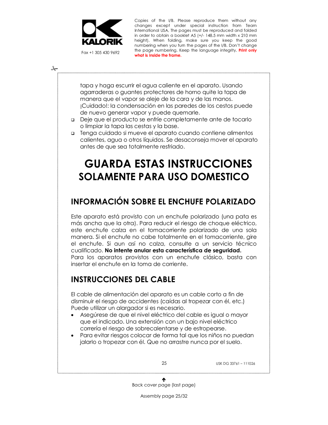 Kalorik USK DG 33761 manual Información Sobre EL Enchufe Polarizado, Instrucciones DEL Cable 