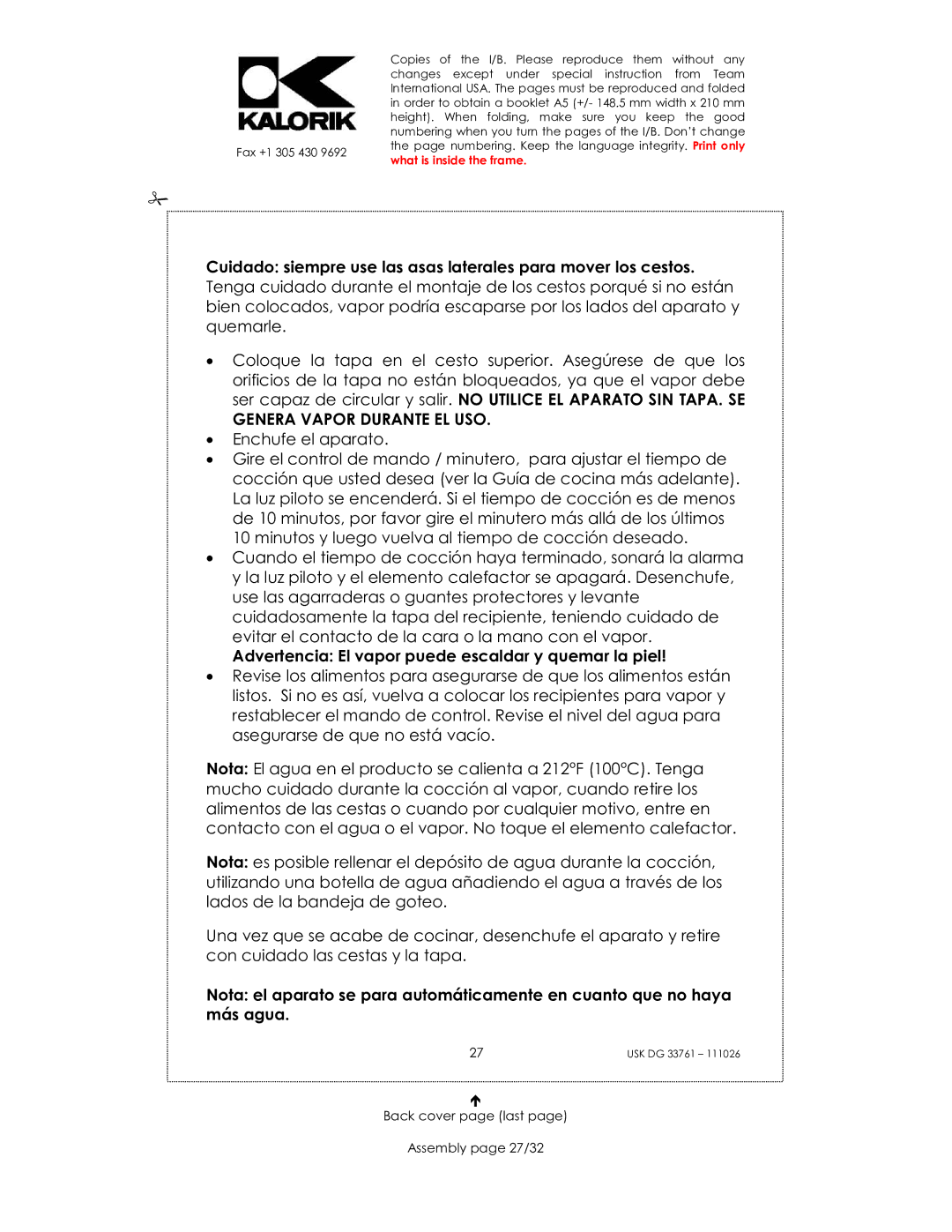 Kalorik USK DG 33761 manual Genera Vapor Durante EL USO, Enchufe el aparato, Back cover page last Assembly page 27/32 