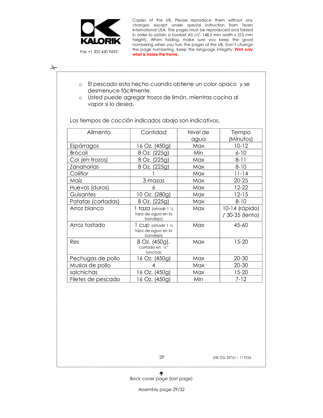 Kalorik USK DG 33761 Tiempo, Espárragos, Brócoli, Col en trozos, Zanahorias, Coliflor, Maíz, Huevos duros, Guisantes, Res 