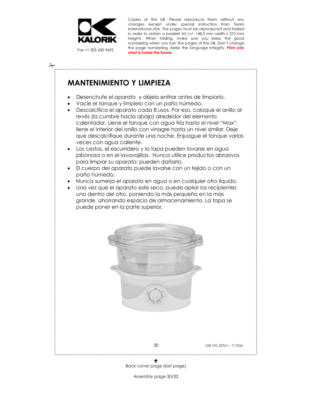 Kalorik USK DG 33761 manual Mantenimiento Y Limpieza, Back cover page last Assembly page 30/32 