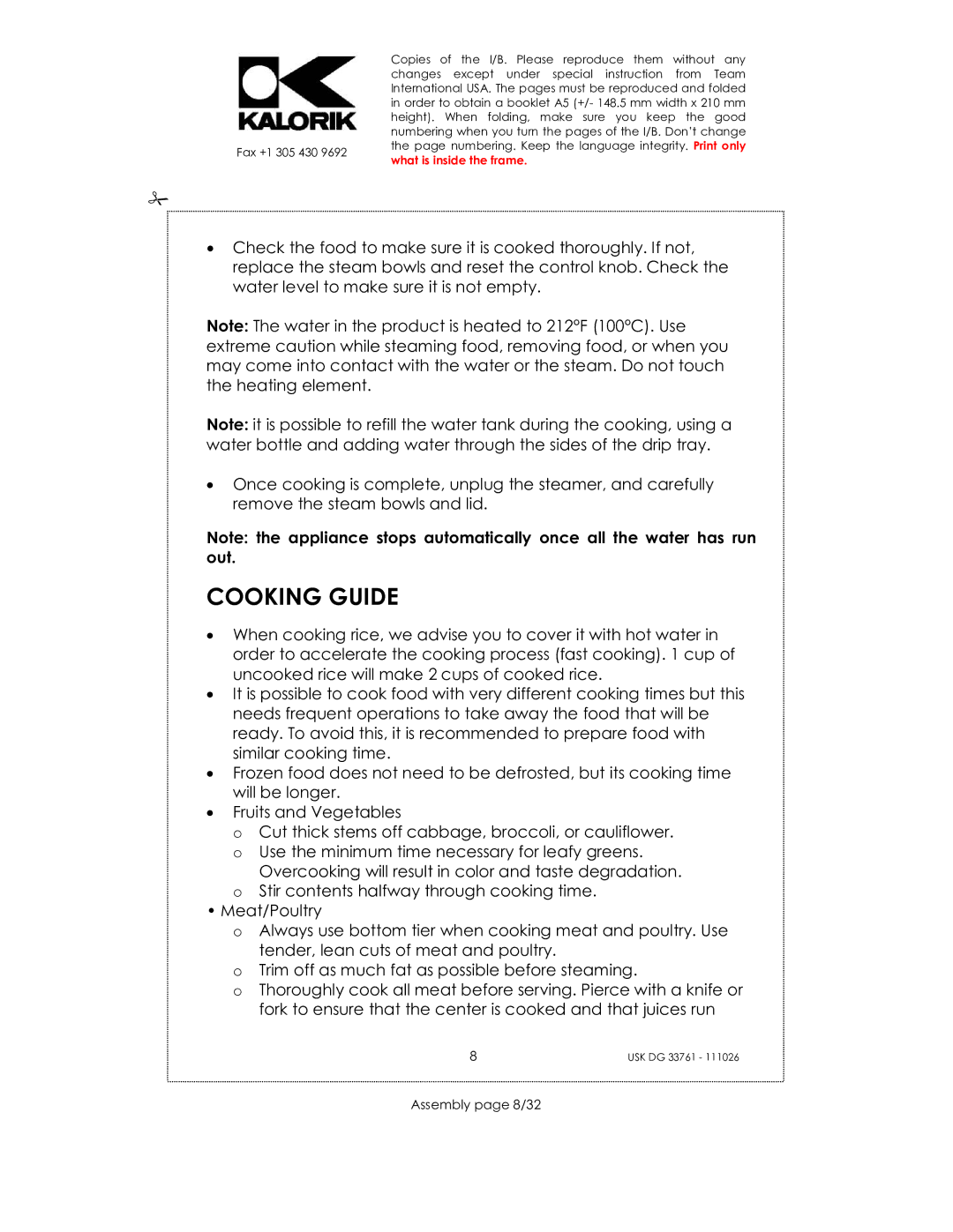 Kalorik USK DG 33761 manual Cooking Guide, Assembly page 8/32 