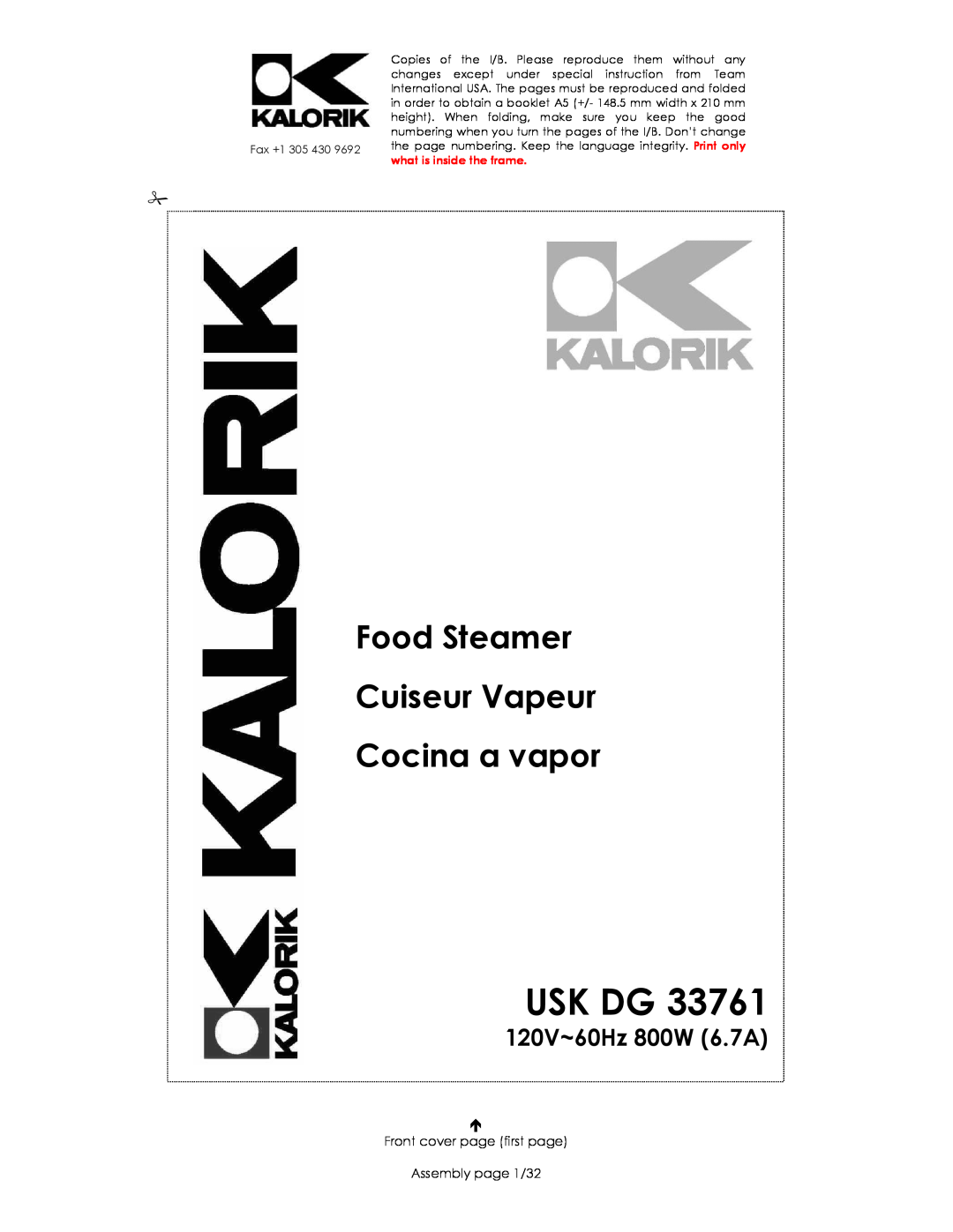Kalorik USK DG 33761 manual Food Steamer Cuiseur Vapeur Cocina a vapor, 120V~60Hz 800W 6.7A, Usk Dg, Quigg To 
