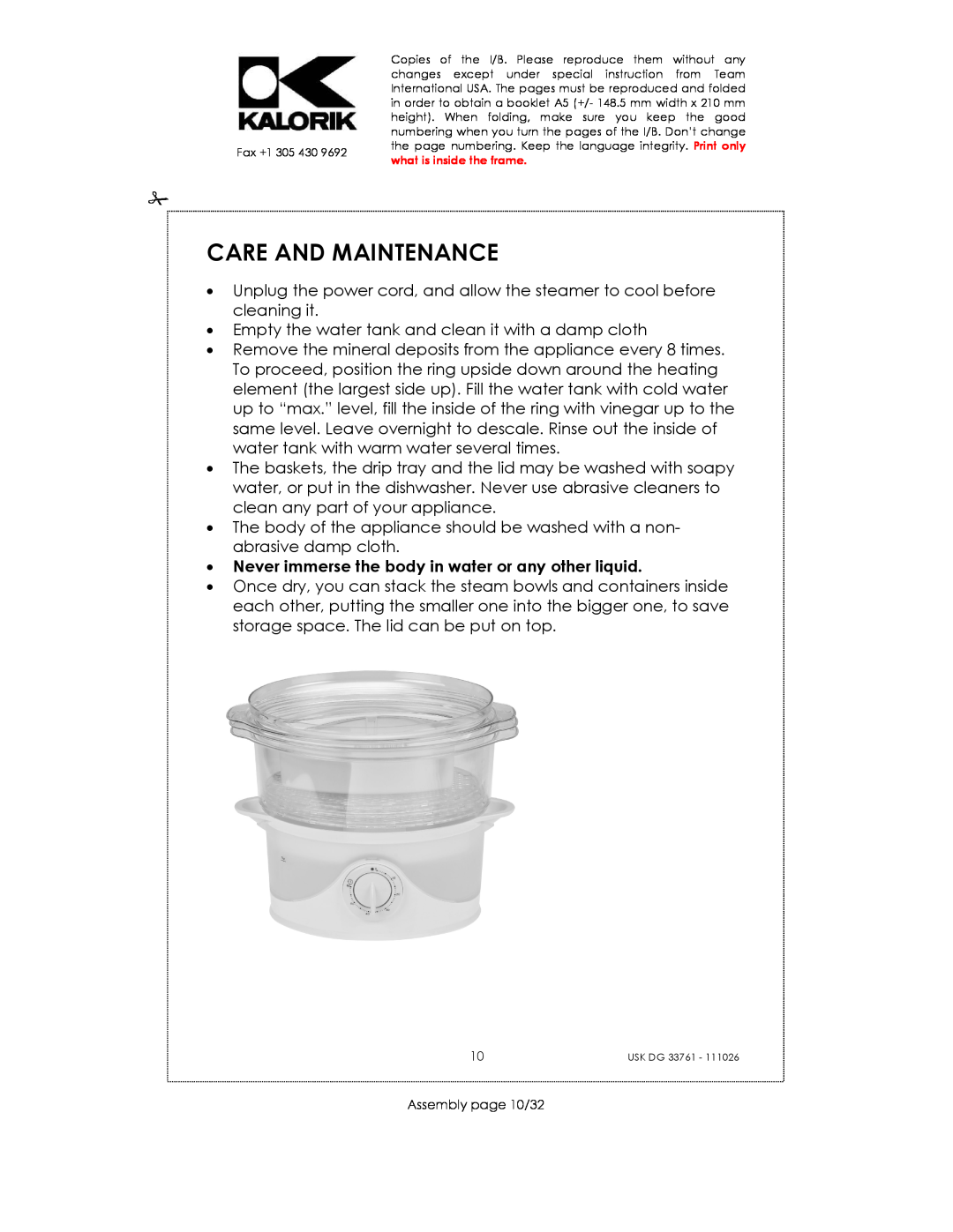 Kalorik USK DG 33761 manual Care And Maintenance, Assembly page 10/32 