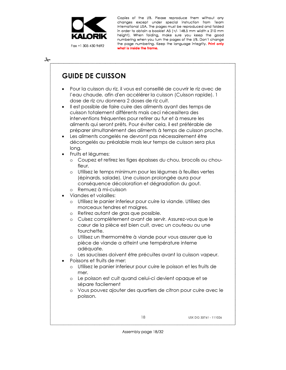 Kalorik USK DG 33761 manual Guide De Cuisson 