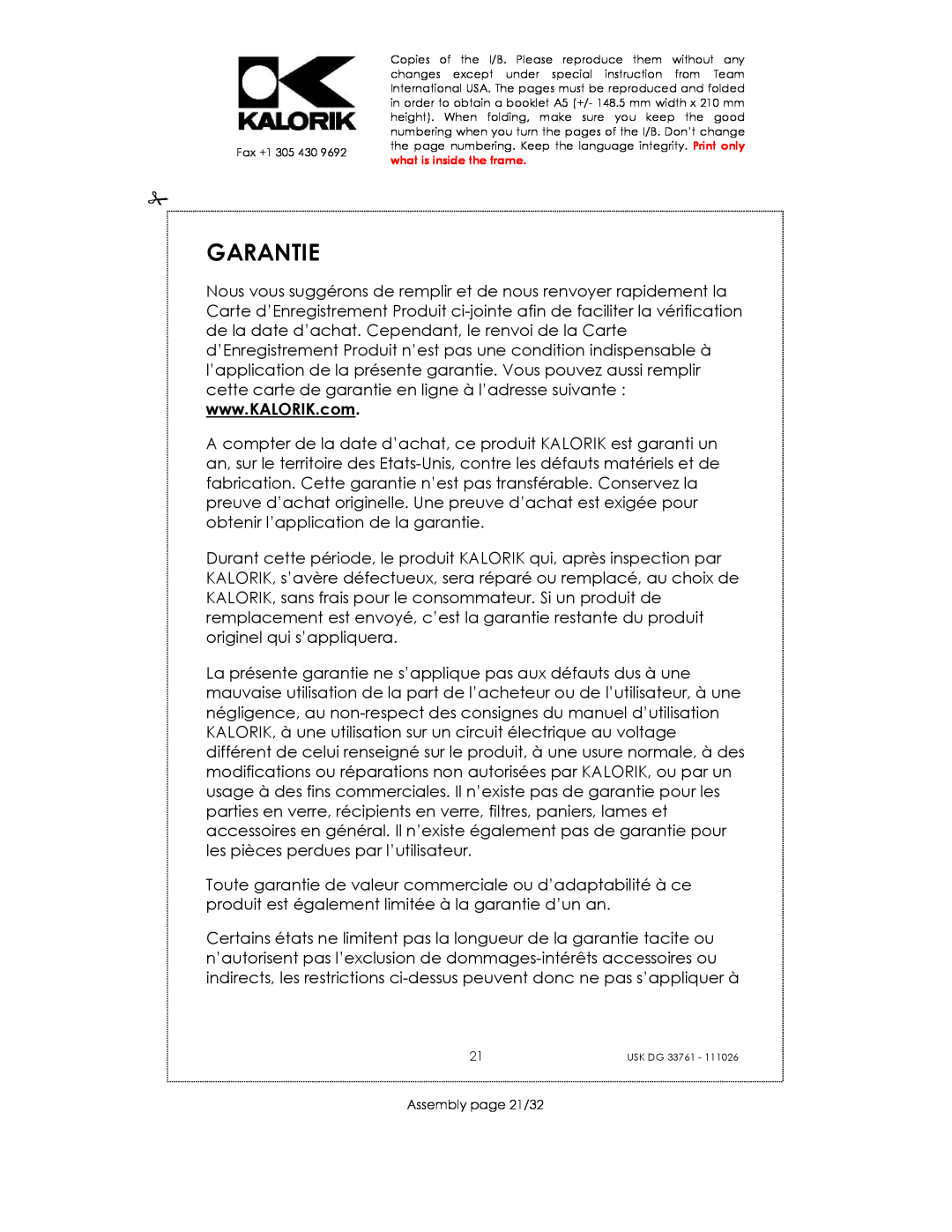 Kalorik USK DG 33761 manual Garantie, Assembly page 21/32 