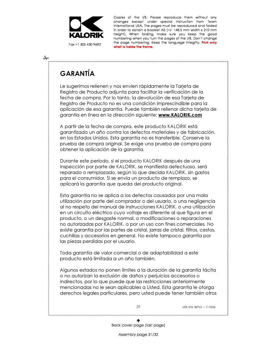 Kalorik USK DG 33761 manual Garantía, Back cover page last page Assembly page 31/32 