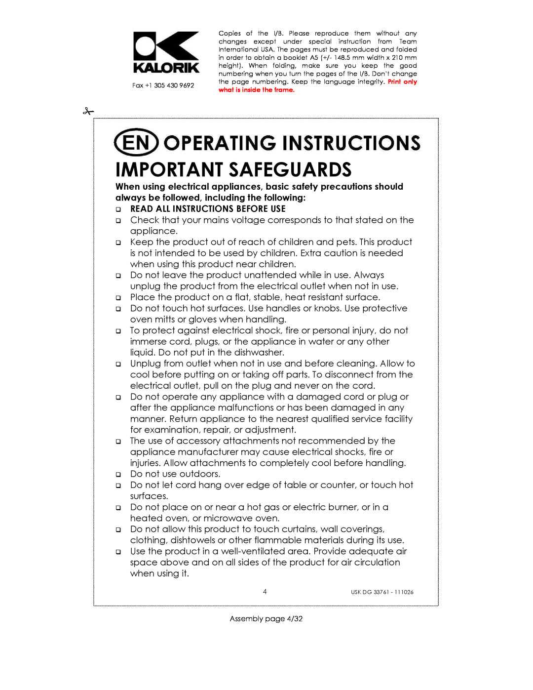 Kalorik USK DG 33761 manual Important Safeguards, Read All Instructions Before Use 