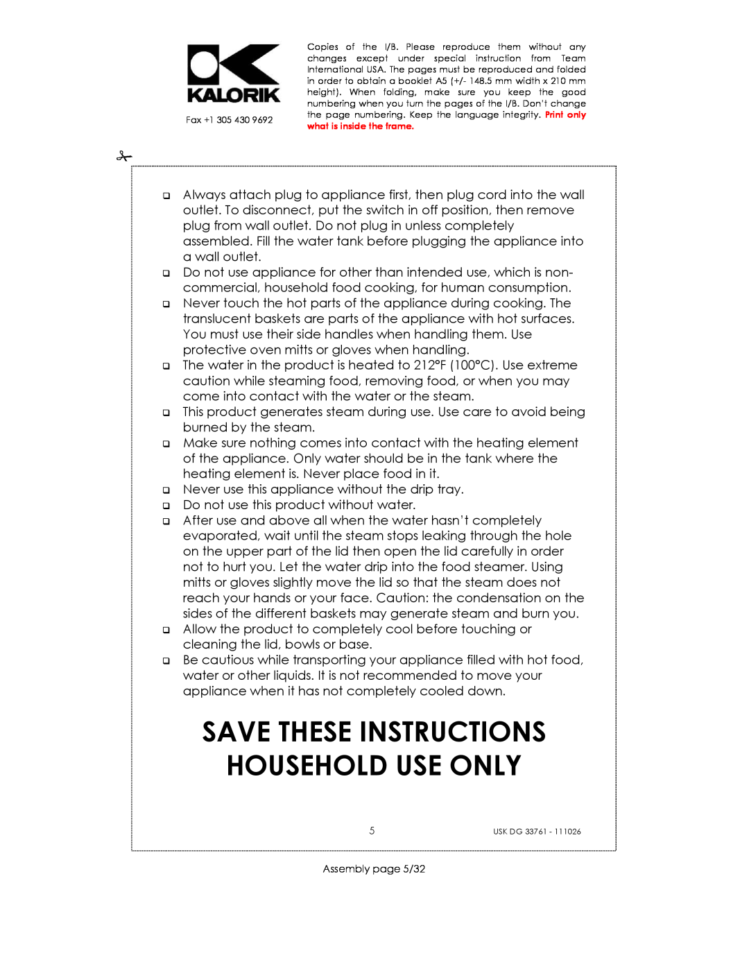 Kalorik USK DG 33761 manual Save These Instructions Household Use Only 