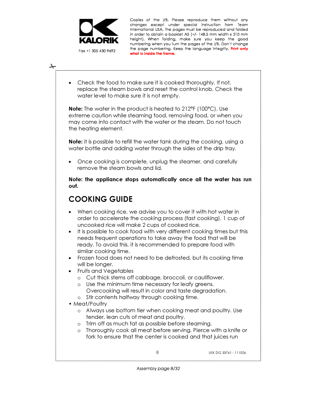 Kalorik USK DG 33761 manual Cooking Guide 