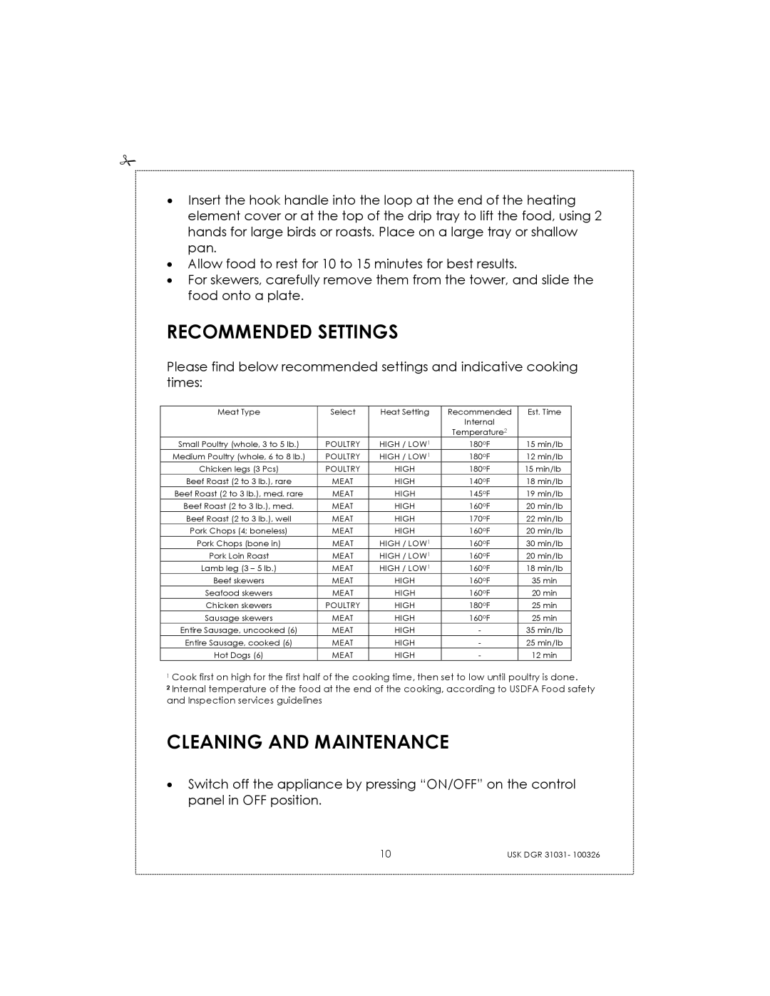 Kalorik USK DGR 31031 manual Recommended Settings, Cleaning and Maintenance 