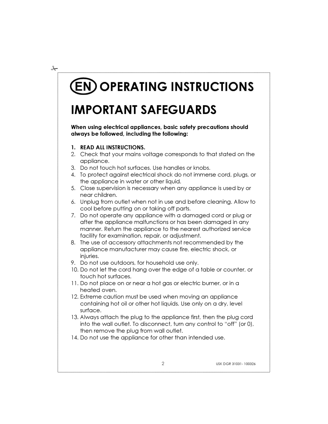 Kalorik USK DGR 31031 manual Important Safeguards, Read ALL Instructions 