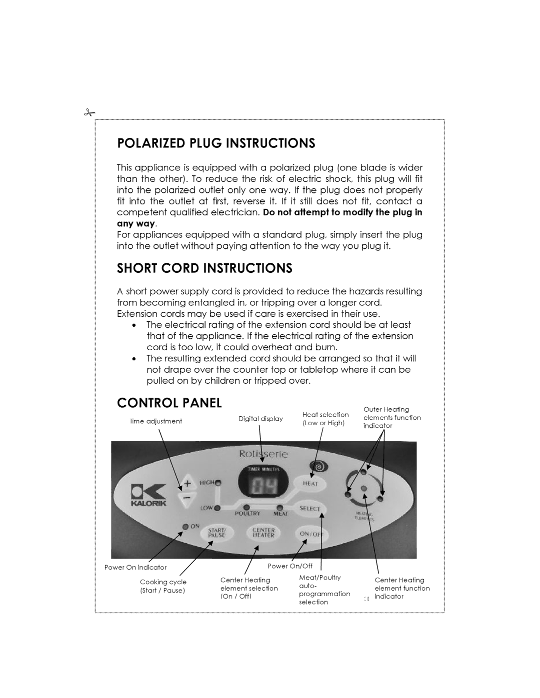 Kalorik USK DGR 31031 manual Polarized Plug Instructions, Short Cord Instructions, Control Panel 