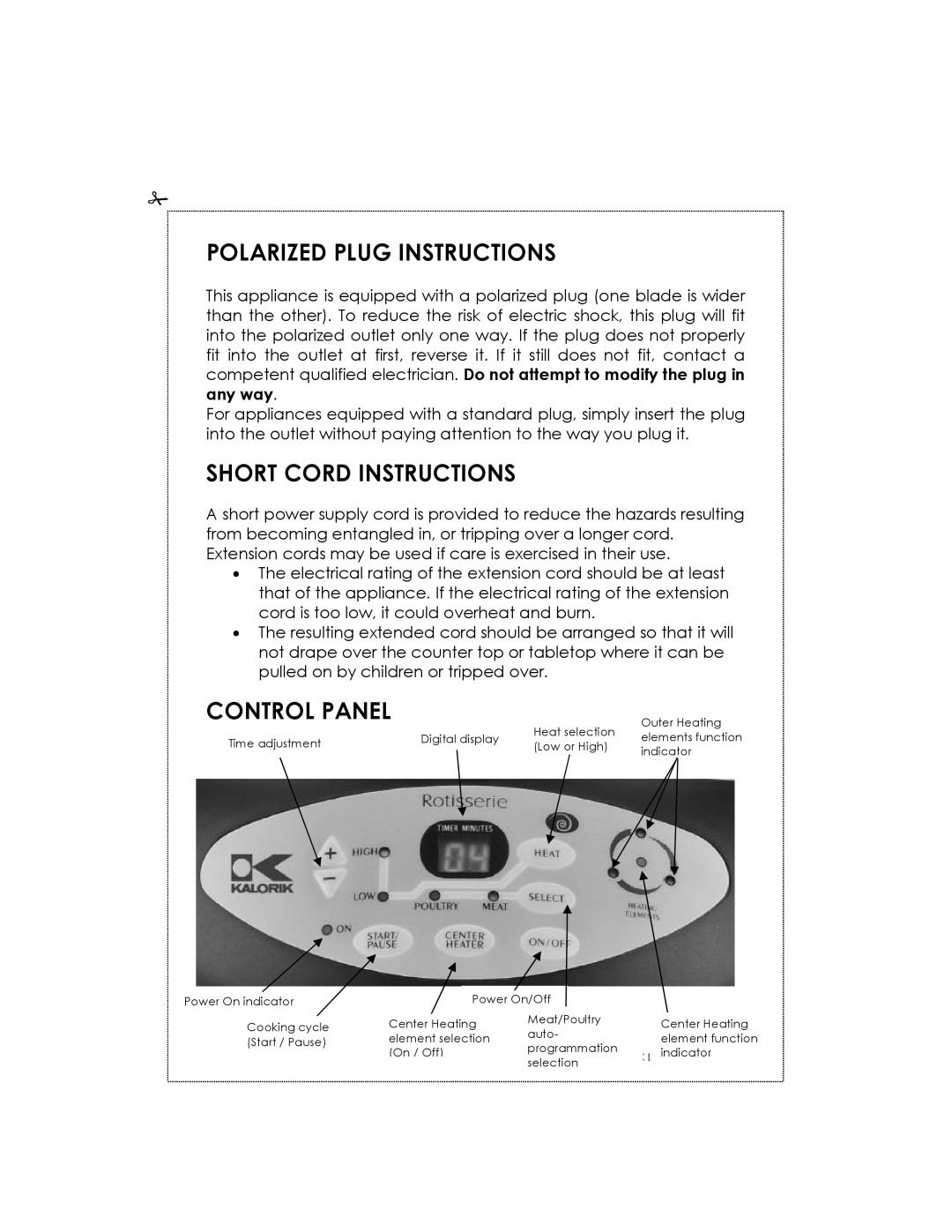 Kalorik USK DGR 31031 manual Polarized Plug Instructions, Short Cord Instructions, Control Panel 