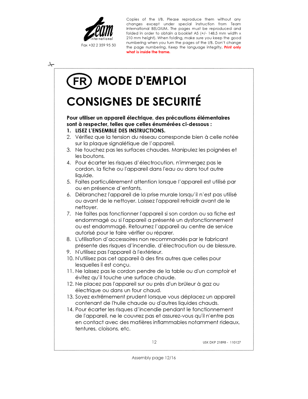 Kalorik USK DKP 21898 manual Consignes DE Securité, Lisez L’ENSEMBLE DES Instructions, Assembly page 12/16 