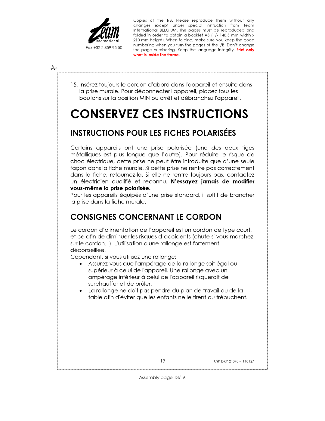 Kalorik USK DKP 21898 Conservez CES Instructions, Instructions Pour LES Fiches Polarisées, Consignes Concernant LE Cordon 