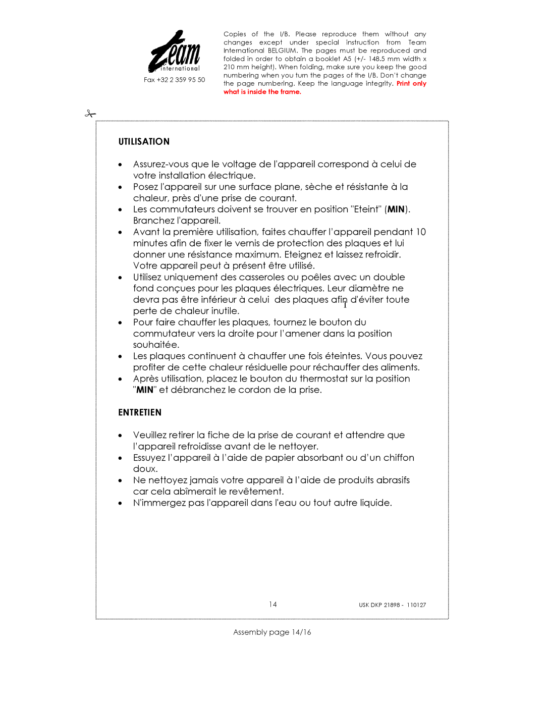 Kalorik USK DKP 21898 manual Utilisation, Entretien, Assembly page 14/16 