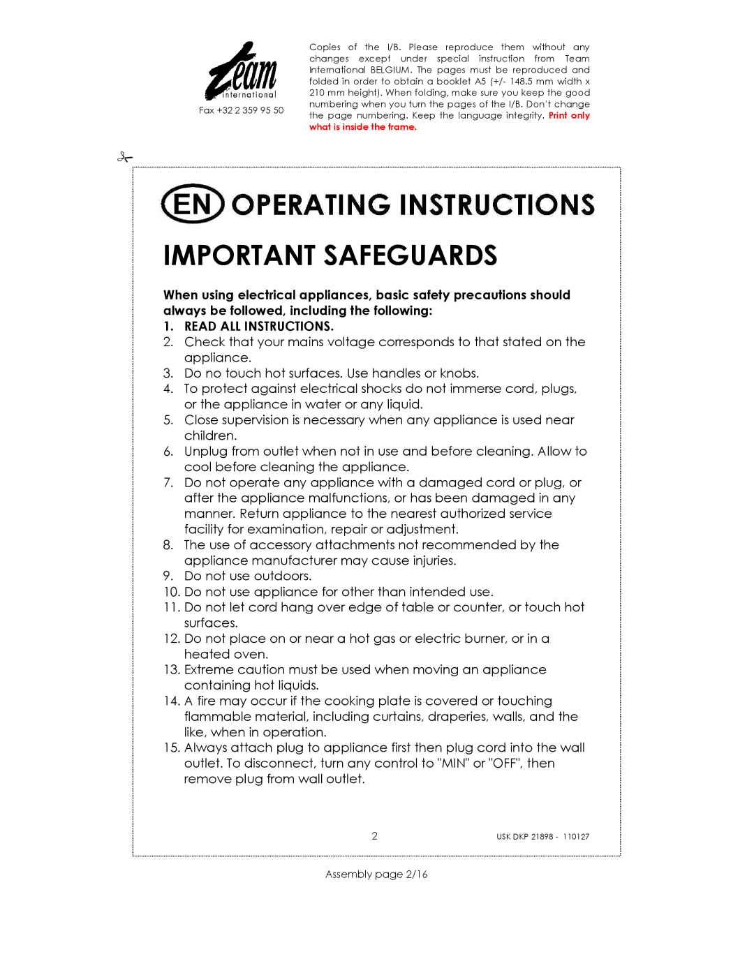 Kalorik USK DKP 21898 manual Important Safeguards, Read ALL Instructions, Assembly page 2/16 