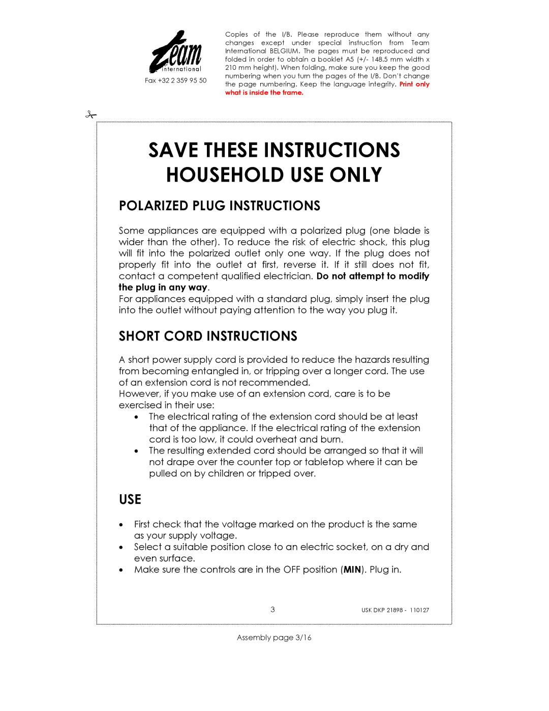 Kalorik USK DKP 21898 Household USE only, Polarized Plug Instructions, Short Cord Instructions, Use, Assembly page 3/16 